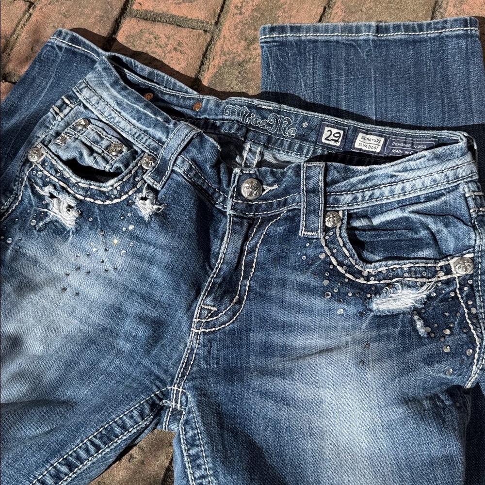 Miss Me Flap Pocket Distressed Blue Boot Cut Jeans Women's Size 29
